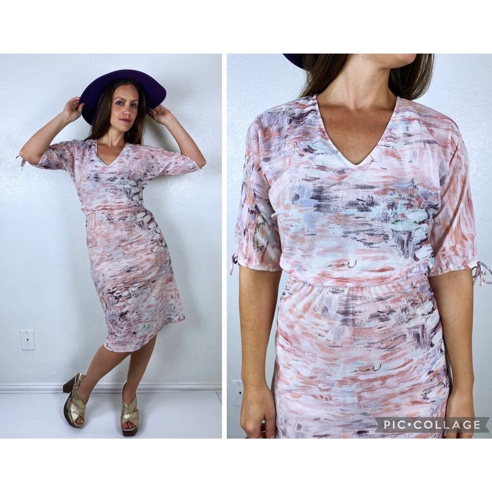 vintage 80s Light Pink IMPRESSIONIST PRINT sheer boho brush strokes pastel print